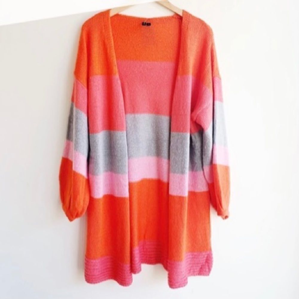 Moon & Madison Orange Large Striped Balloon Sleeve Spring Open Tunic Cardigan S
